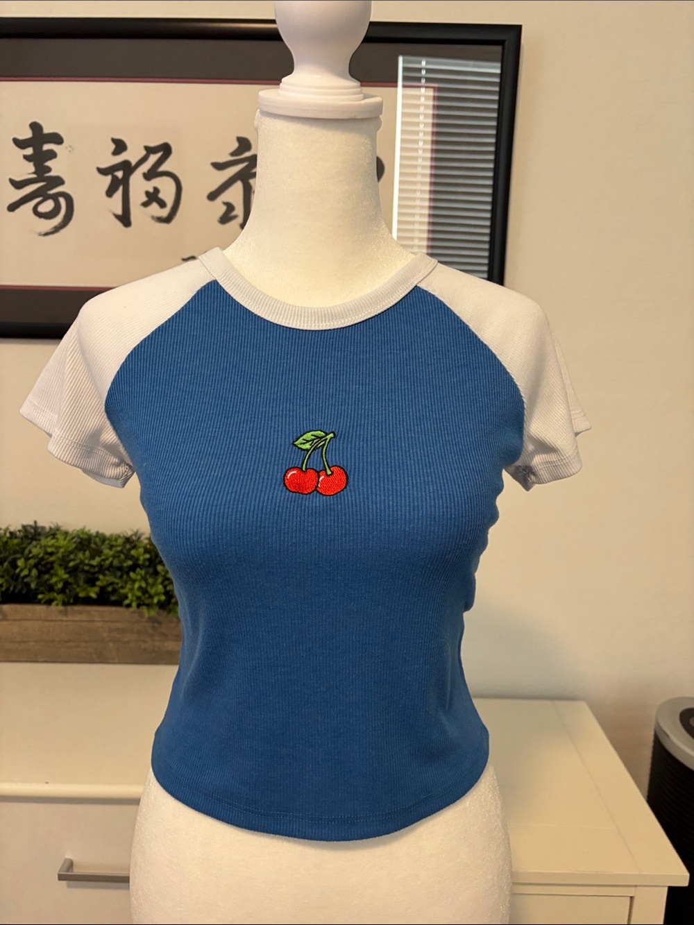 Stella Tweed Blue and White Raglan Cherry Patch Crop Top